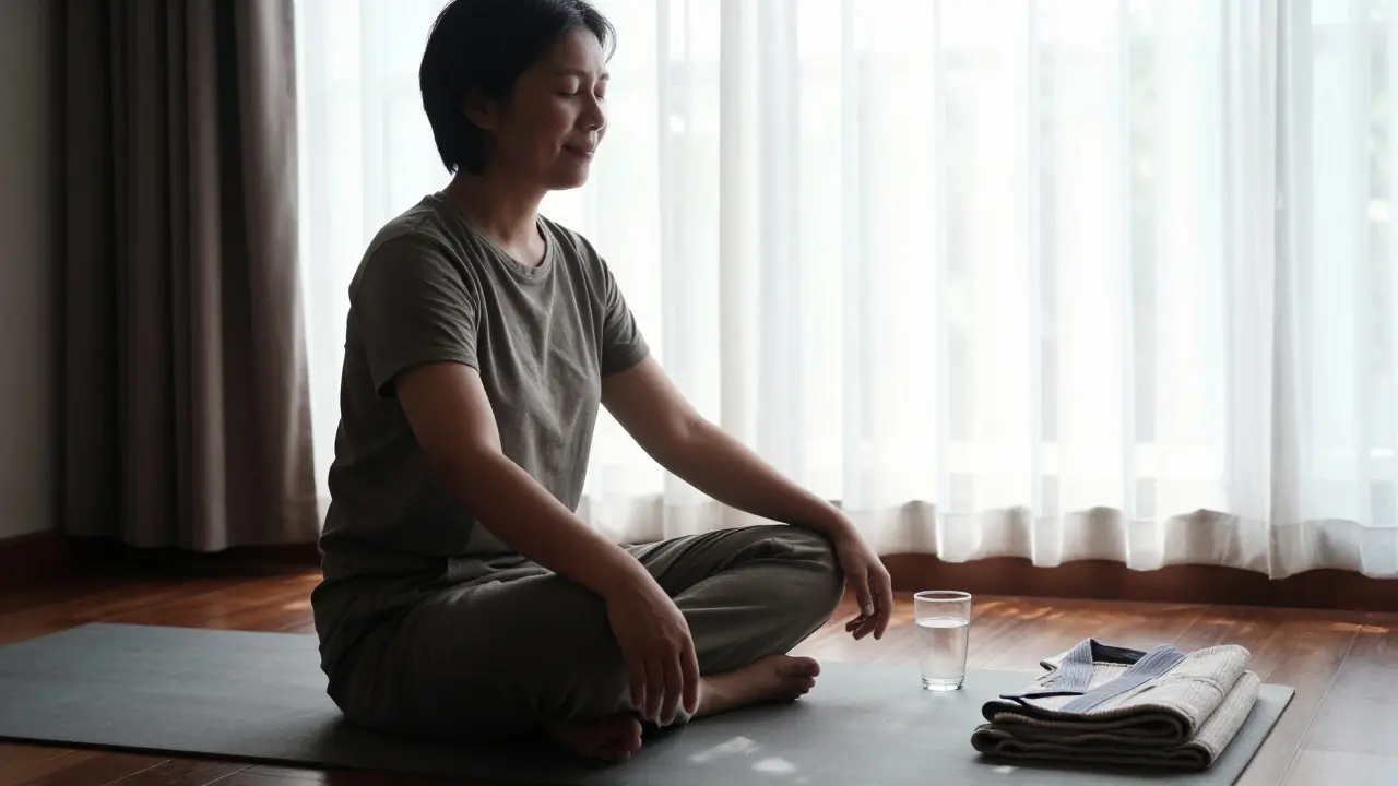A person sits peacefully after a Thai massage, eyes closed, smiling softly in warm sunlight, with a robe and water nearby.