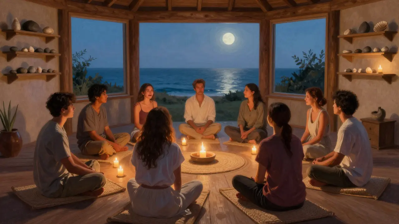 A quiet circle of diverse people in a wooden pavilion at dusk, sharing a silent moment of emotional connection.