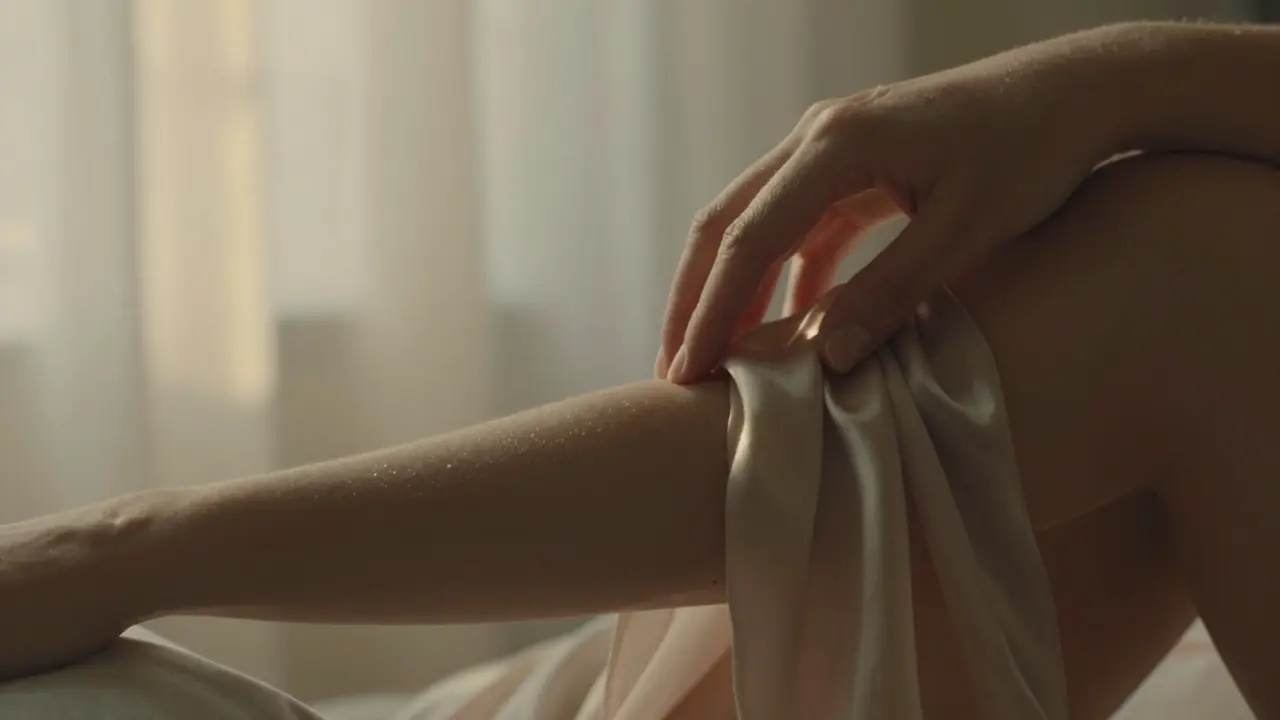 A silk scarf gently brushing an arm, illuminated by warm, diffused light.