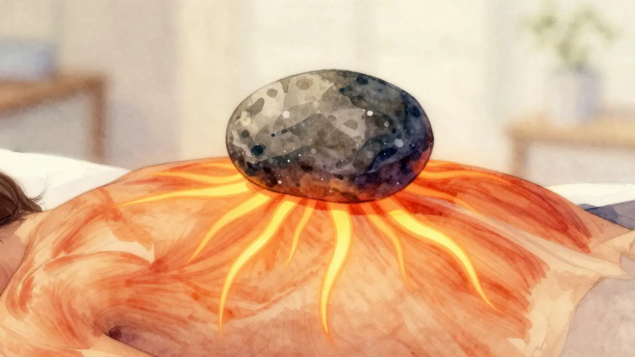 Basalt stone radiating heat waves into skin, symbolizing improved circulation.