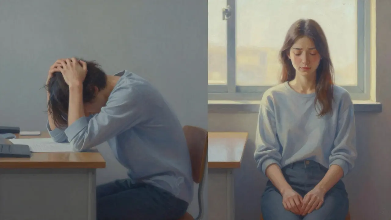 Before-and-after scene showing a person transitioning from stressed hunch to calm, upright posture with soft morning light.