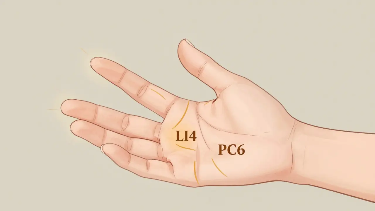Close-up of hands highlighting the LI4 and PC6 acupressure points with gentle energy lines radiating from them.