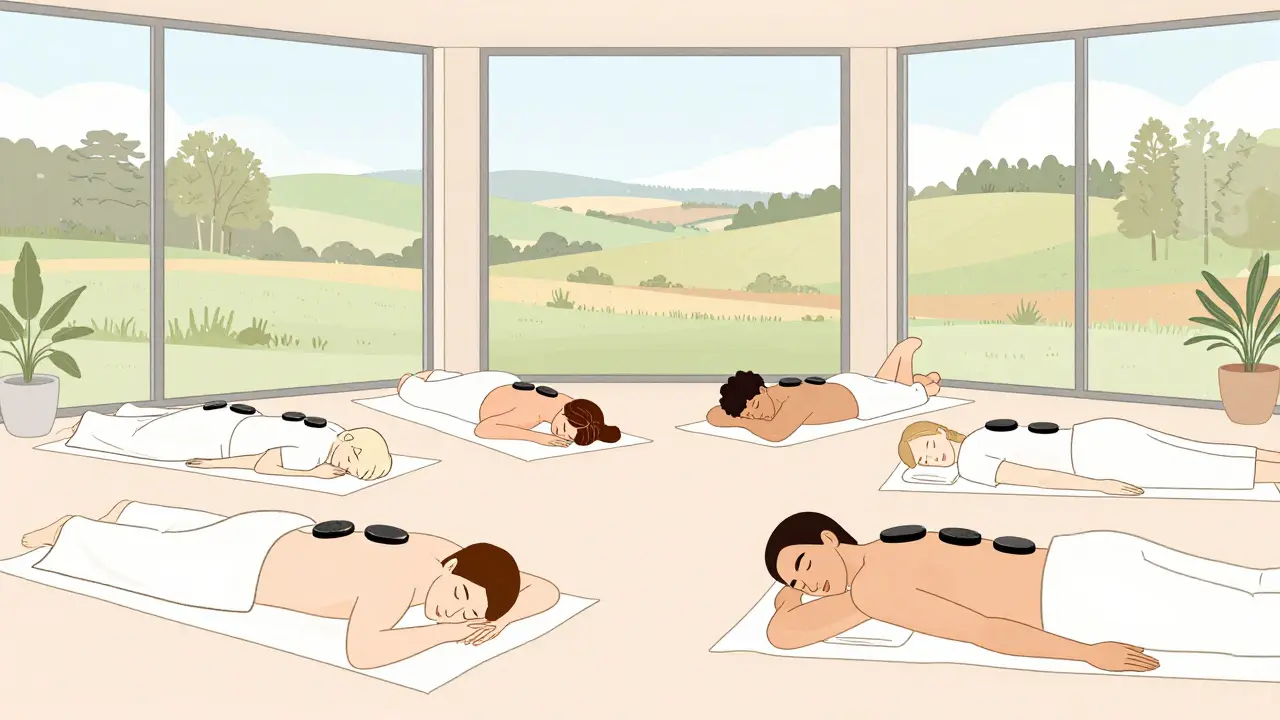 Diverse group relaxing with stone massage in sunlit spa overlooking British countryside.