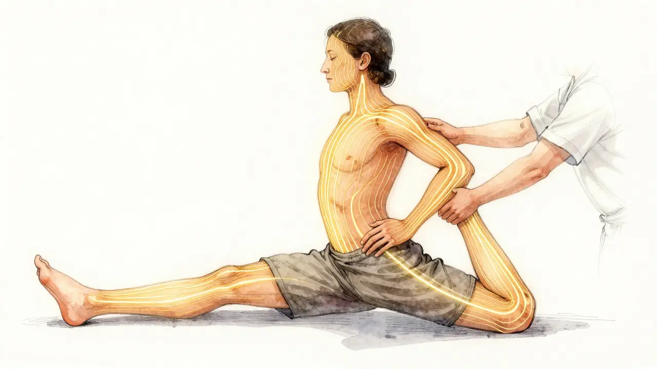 Golden energy lines flow through a human body as a therapist guides a stretch, illustrated in watercolor and ink with spiritual elegance.