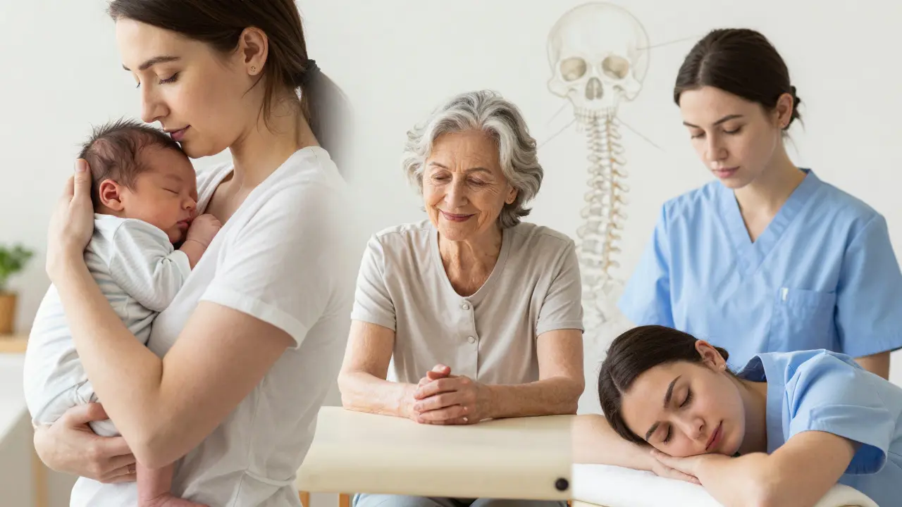 Three diverse individuals — baby, elderly woman, and nurse — each experiencing calm healing through craniosacral therapy.
