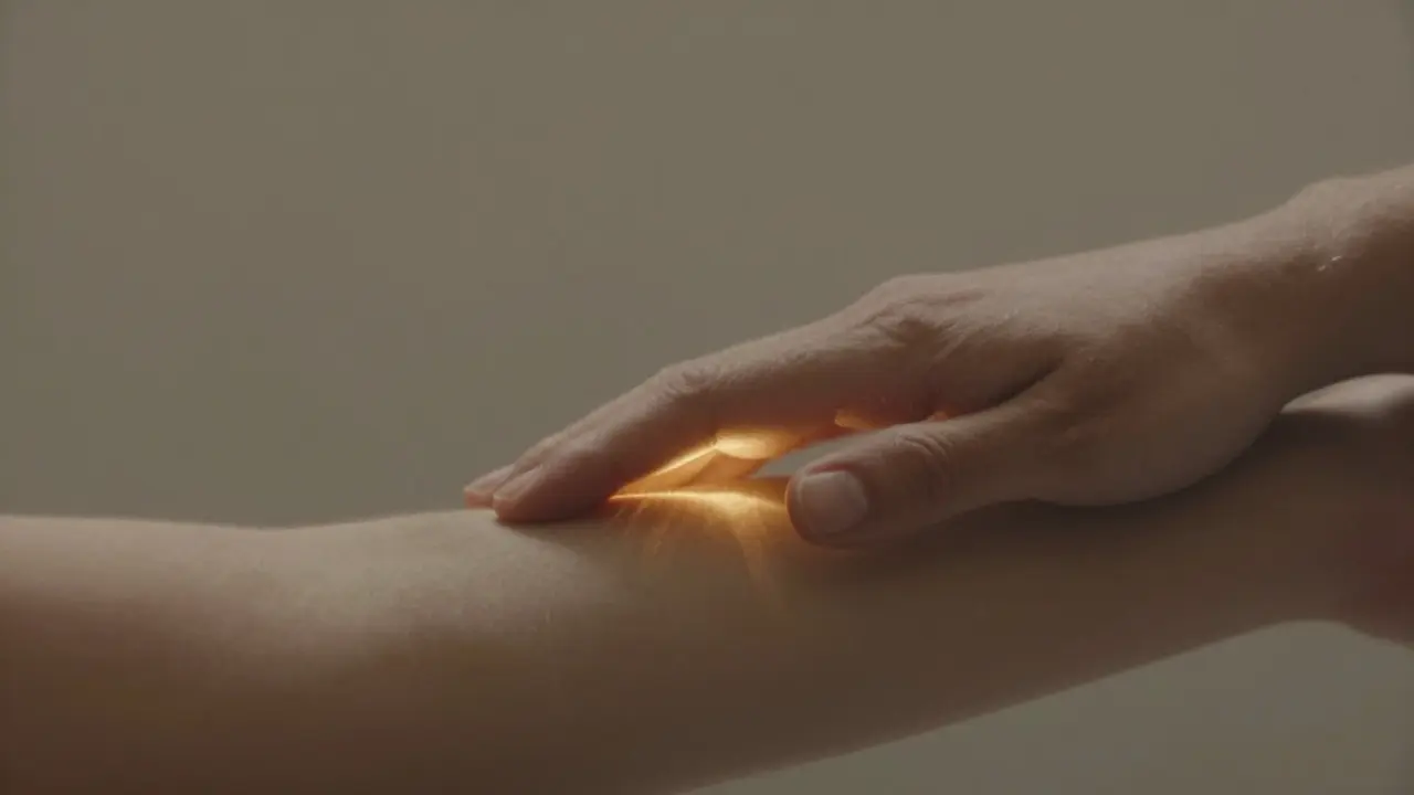A hand resting softly on an arm with golden light emanating from the touch point.