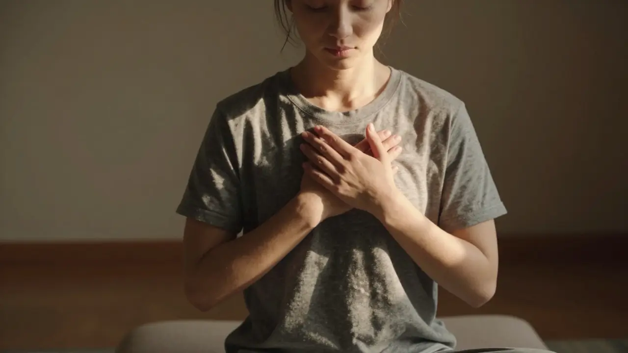 A person sitting alone, hands on chest, bathed in morning light, lost in quiet self-awareness.