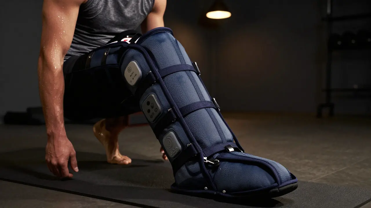 An athlete using a home compression boot device after a workout, focusing on recovery.