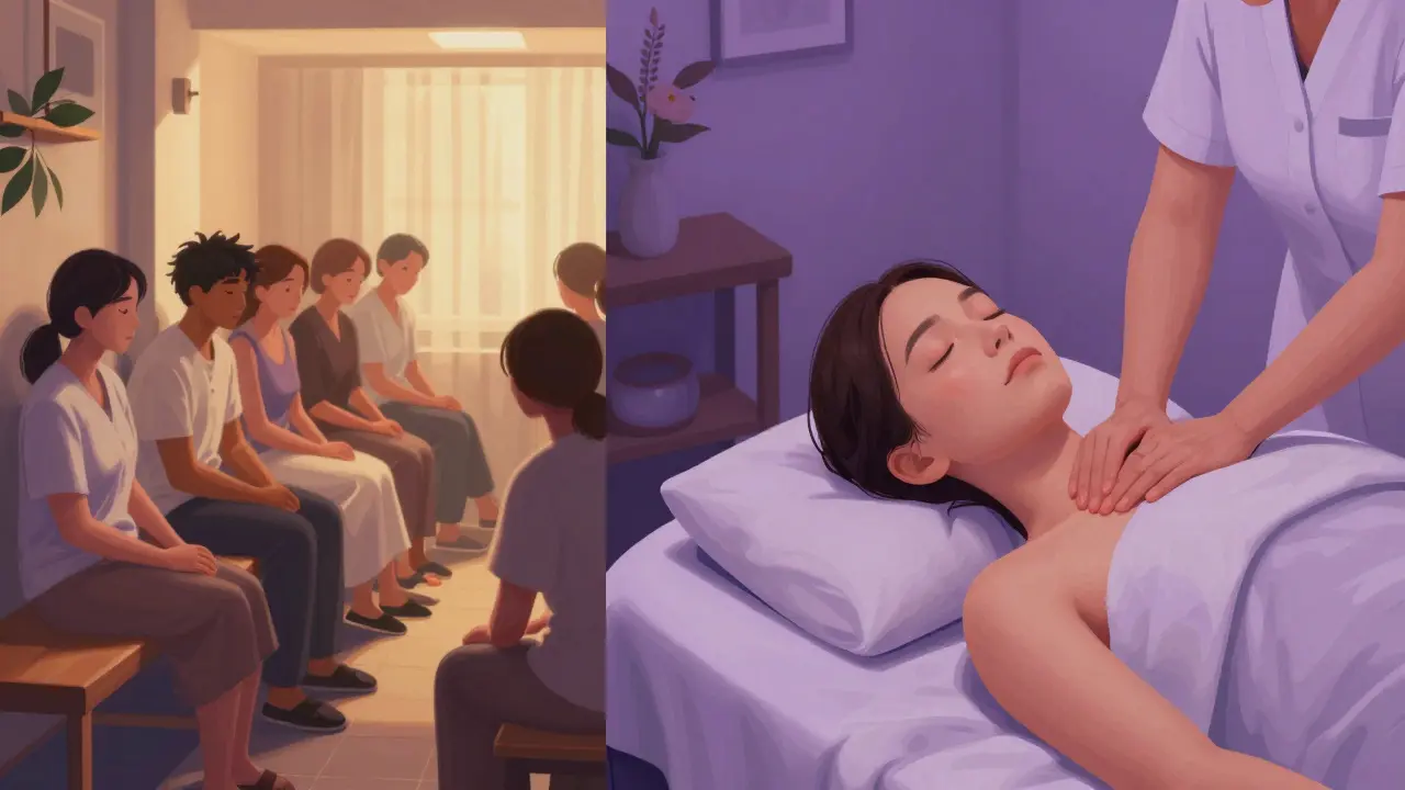 Contrast between a crowded spa and a peaceful private massage session, highlighting comfort and privacy.