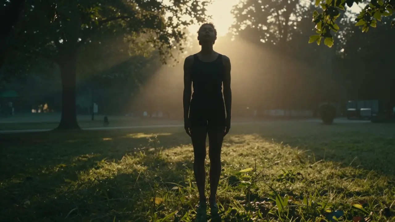 Person stretching calmly outside in warm sunlight