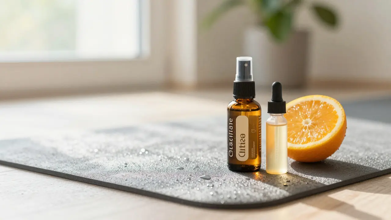 Yoga mat lightly sprayed with citrus essential oil, droplets glistening in morning light.
