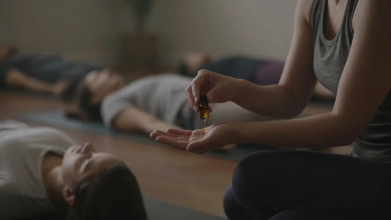 Yoga teacher applying frankincense oil to a student's wrist before meditation.