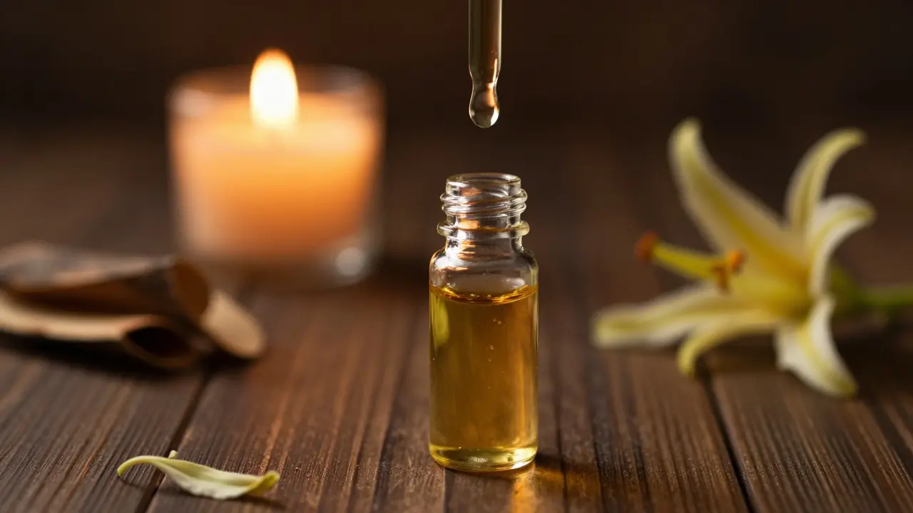 A bottle of aromatherapy oil with sandalwood and flowers under warm candlelight.