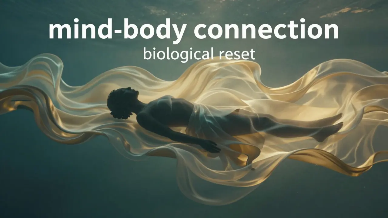 A conceptual depiction of a person relaxing amidst flowing silk waves in teal and gold.