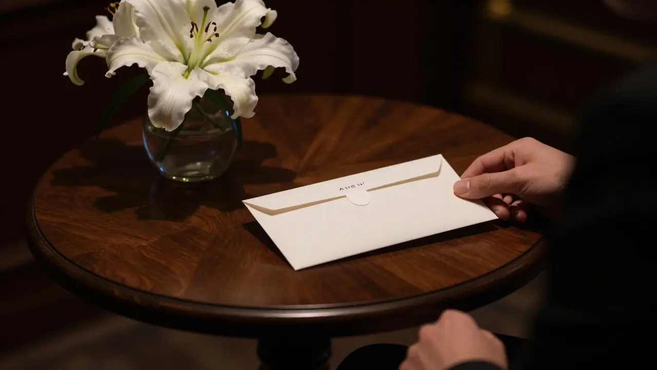 A neatly folded envelope containing a tip resting on a dark wooden table with lilies.