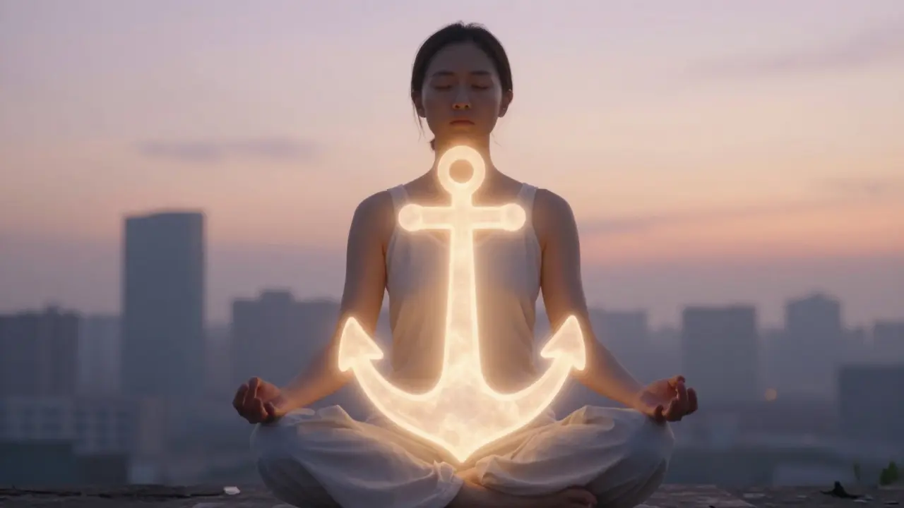 A person surrounded by a warm glow, symbolizing grounding and mental peace.