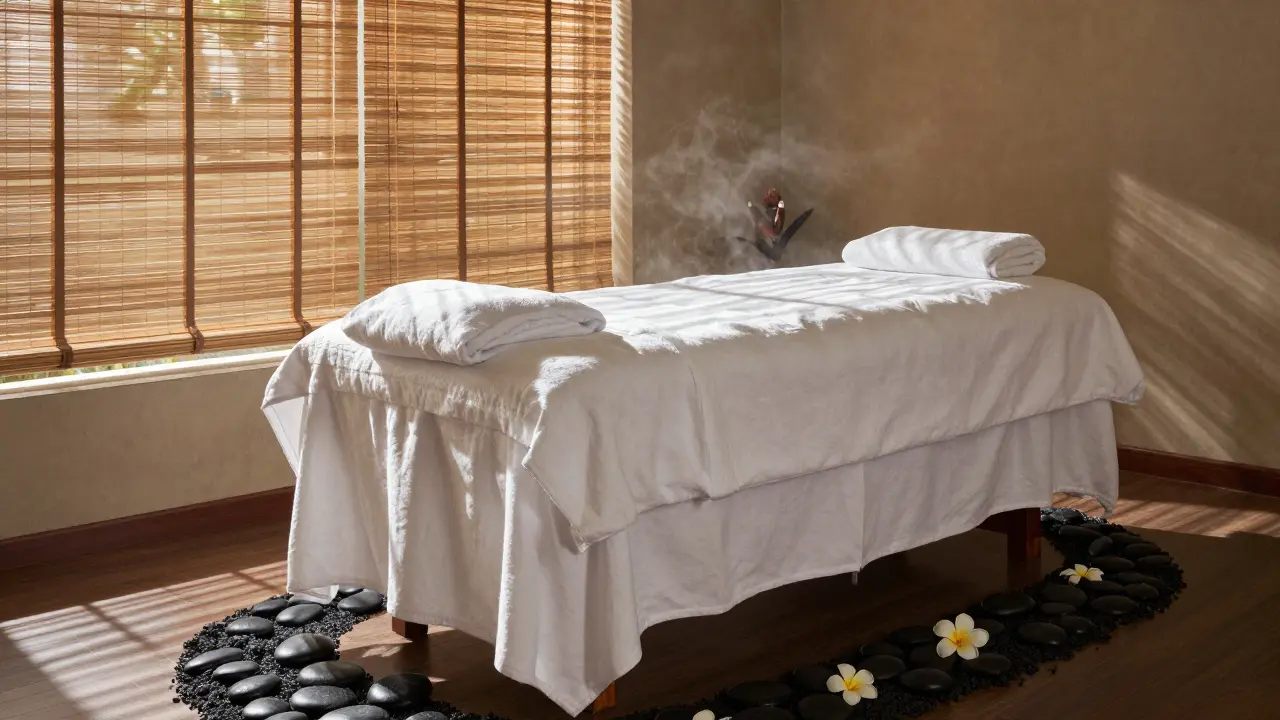 A serene spa room with a massage table, white plumeria flowers, and soft sunlight.