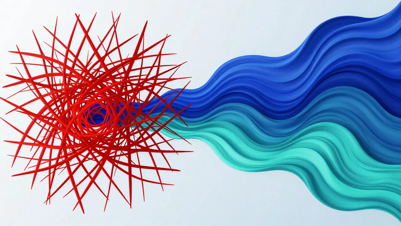 Abstract visual showing the transition from a stressed red nervous system to a calm blue state.