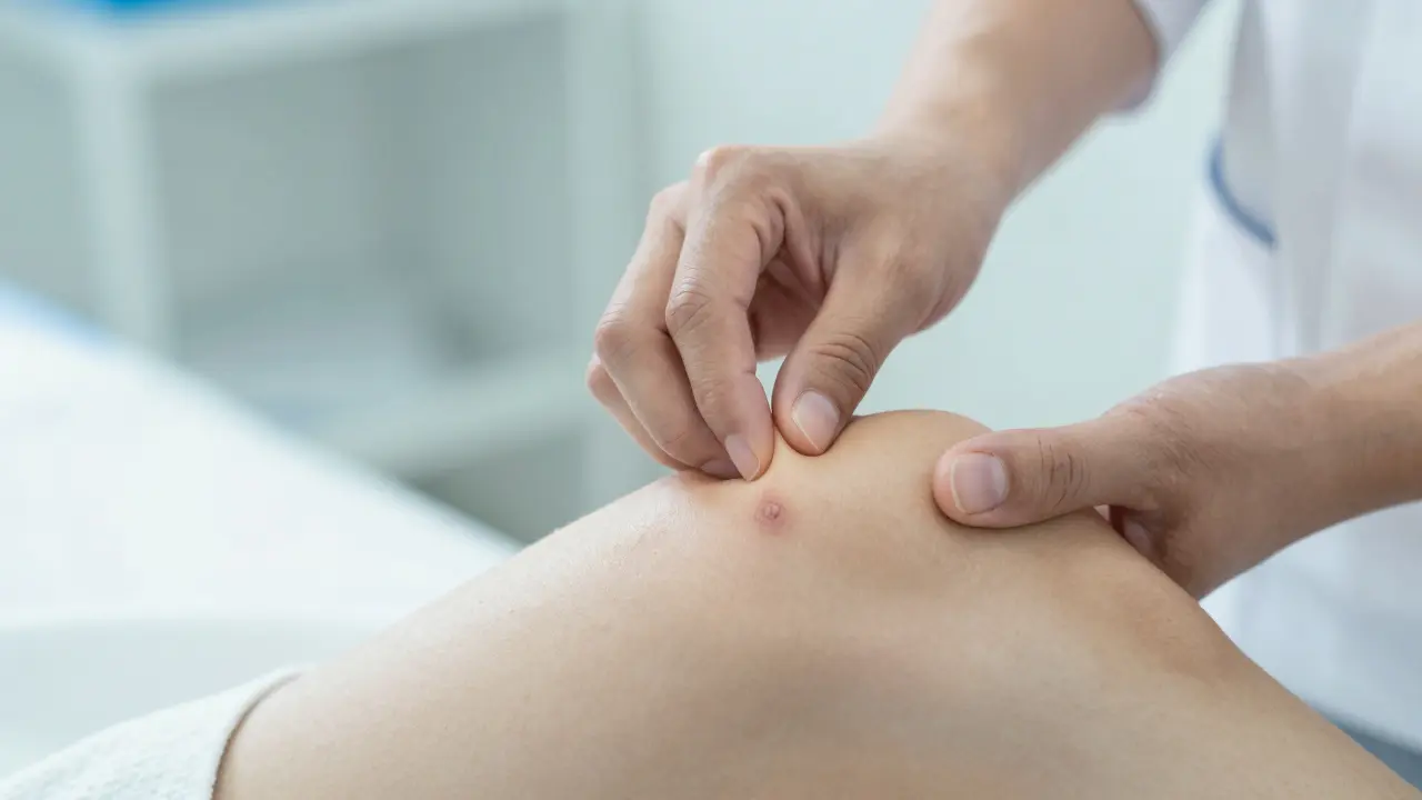 Close-up of a therapist performing clinical scar tissue release on a patient's knee.
