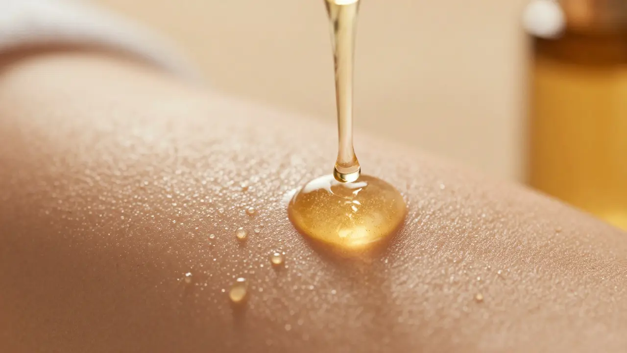 Close-up of golden wellness oils glistening on smooth, hydrated skin.