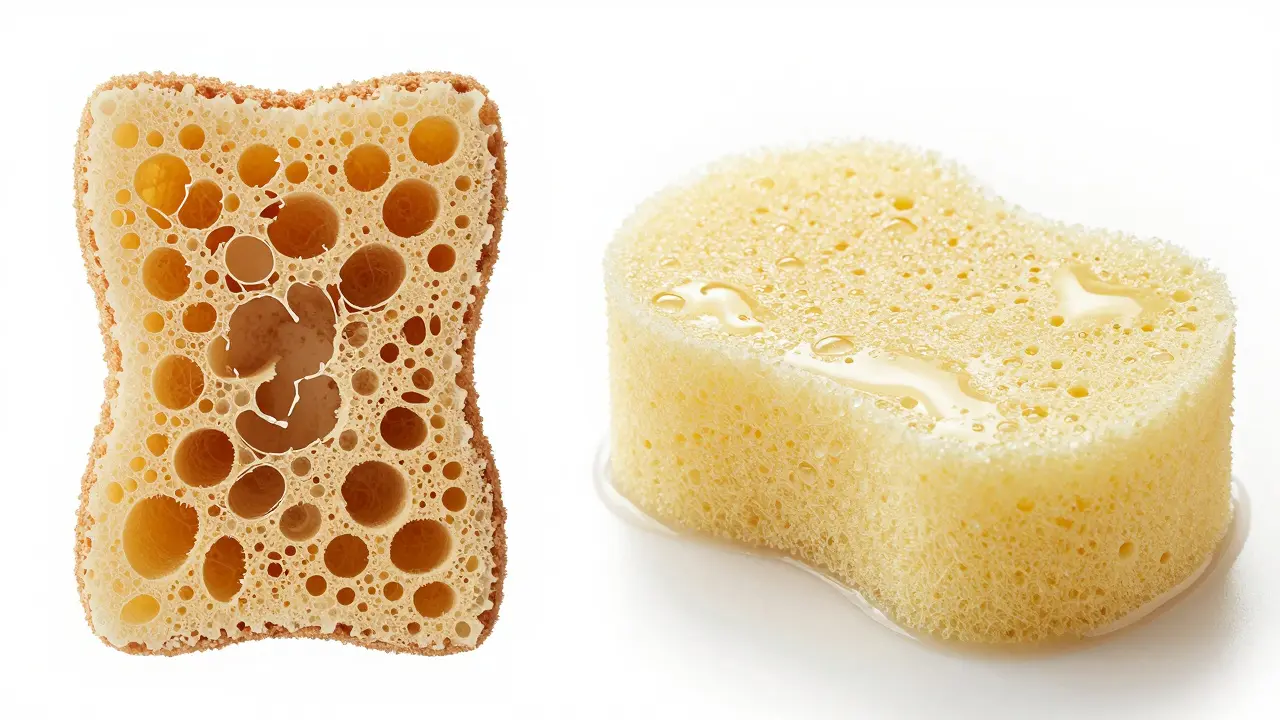 Comparison between a dry, brittle sponge and a hydrated, supple sponge