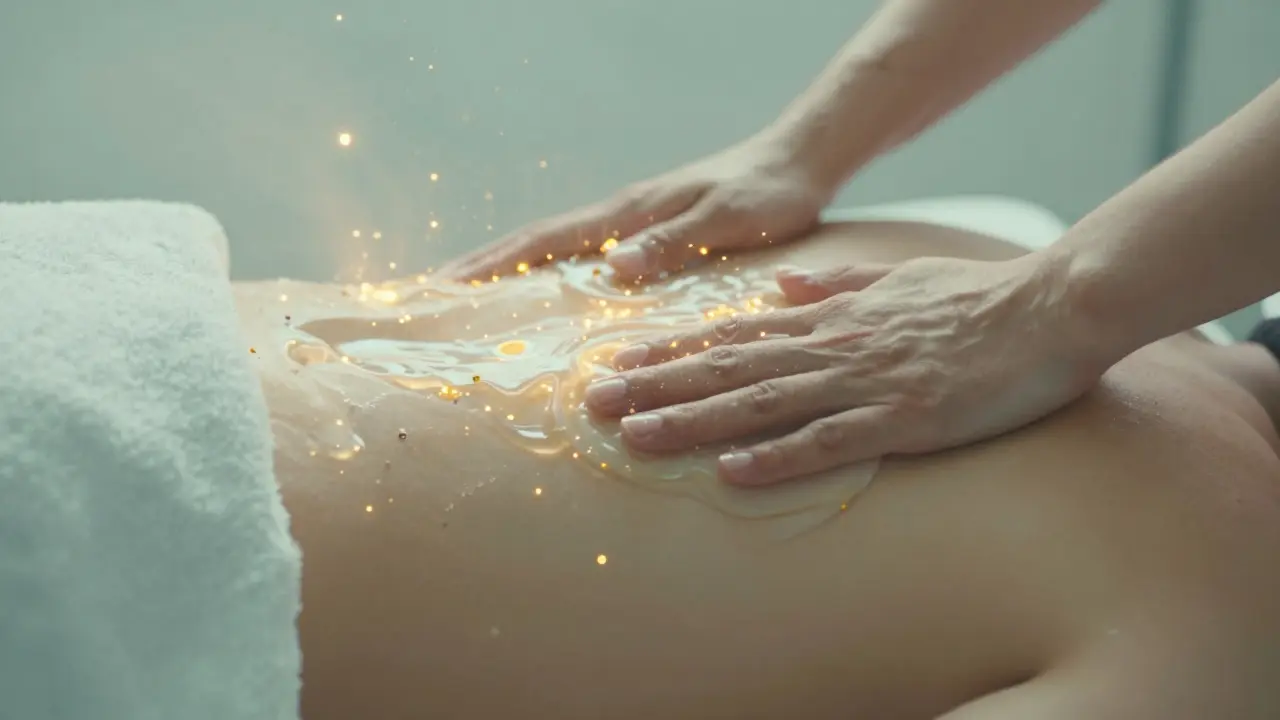 Conceptual golden light currents flowing over skin symbolizing lymphatic drainage and detox.