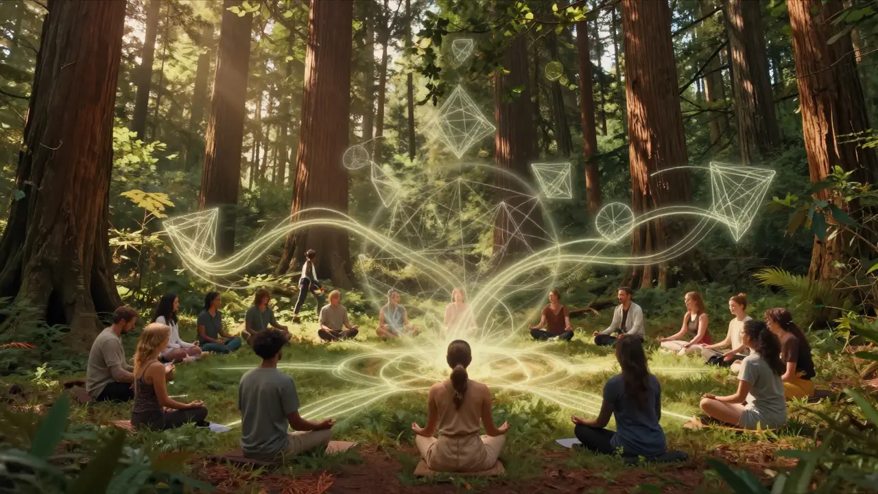 People practicing mindfulness and meditation among towering redwood trees with symbolic light