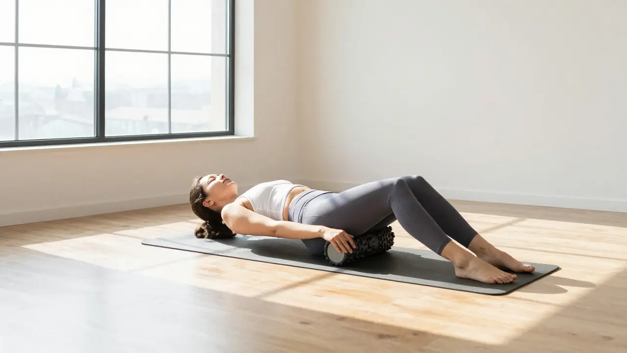 Person using a foam roller for self-myofascial release in a bright, sunny room