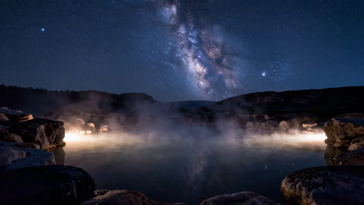 Steaming mineral hot springs under a starry night sky in the Big Sur wilderness