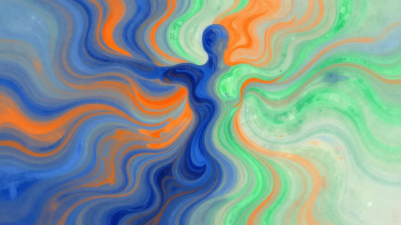 Abstract colorful flows moving through a human form representing energy release.
