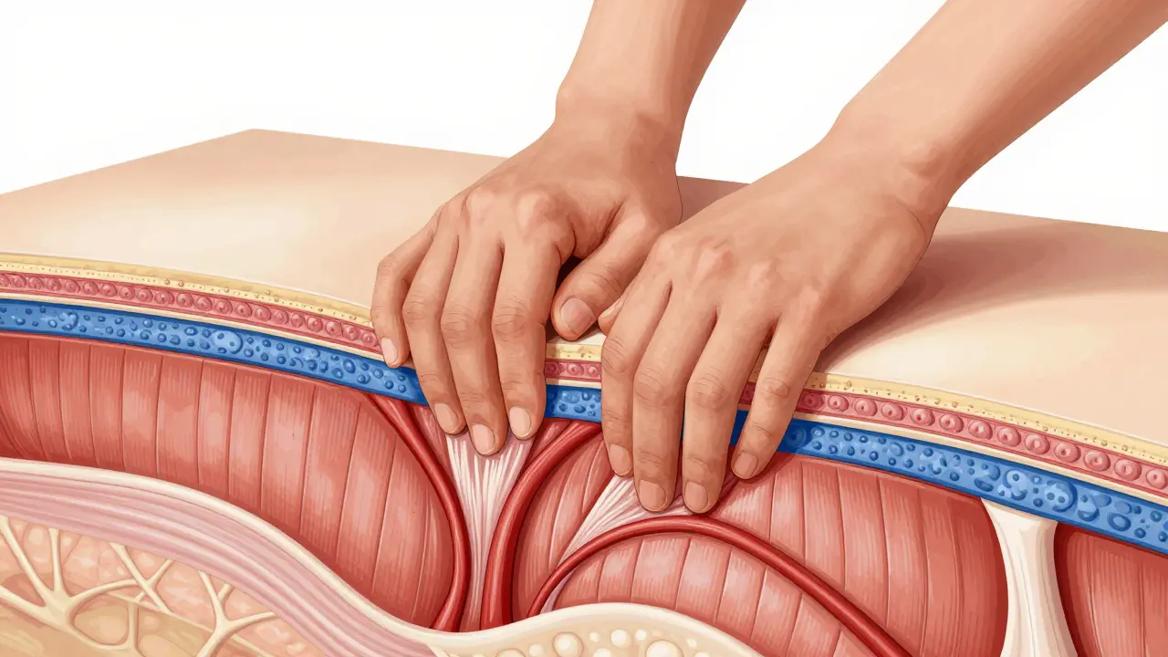 Anatomical cross-section showing deep pressure releasing adhesions in muscle fascia layers.