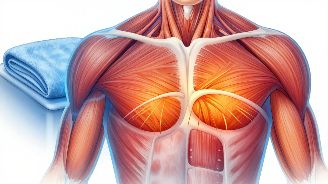 Diagram showing heat increasing blood flow and relaxing muscle tissue