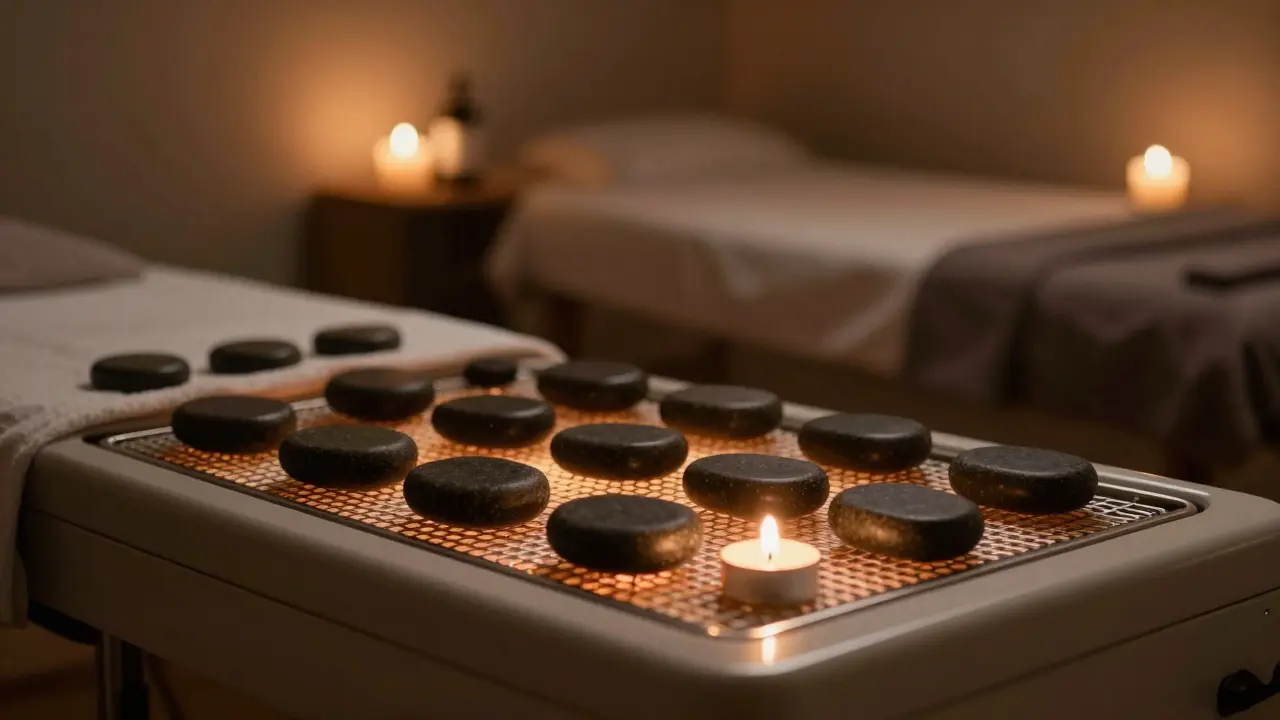 Dimly lit spa room with heated stones