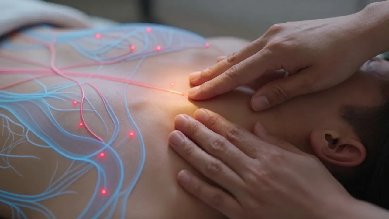 Hands applying Shiatsu pressure to neck, showing energy flow and relaxation