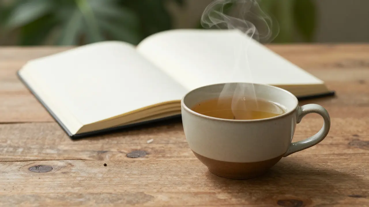 Herbal tea and journal on a wooden table for mindful aftercare
