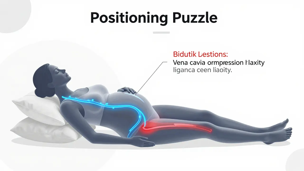 Illustration of side-lying pregnancy positioning with pillow support