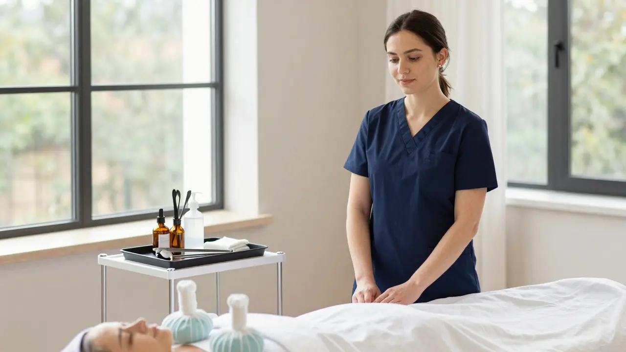 Professional spa setting with sterilized fire massage tools and supplies