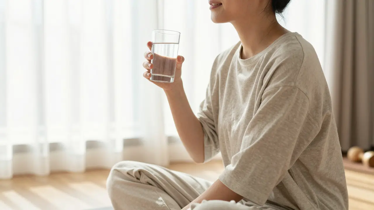 Relaxed person drinking water after treatment in a bright, calming recovery environment.