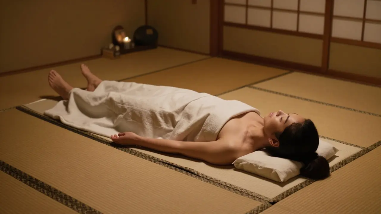 Relaxed person on floor mat in serene, dimly lit treatment room