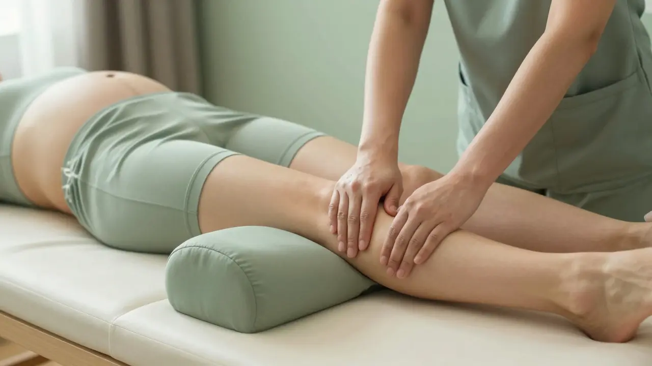 Therapist performing gentle leg massage on pregnant client
