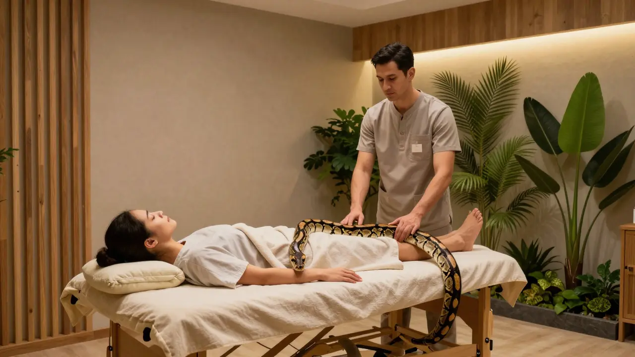 A handler guiding a large python over a relaxed client in a warm, serene spa room.
