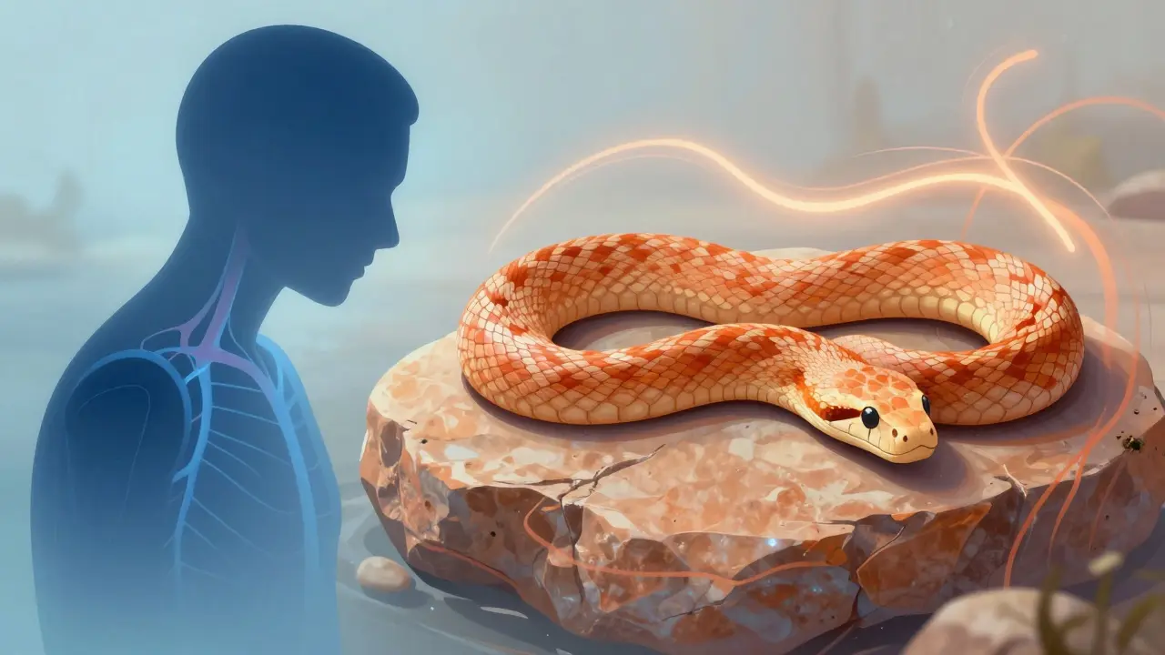 Abstract illustration depicting calm nerves and a resting snake symbolizing relaxation.