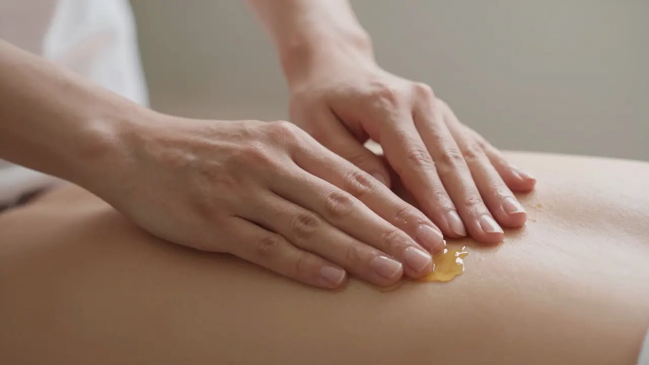Close up of hands applying oil for mindful therapeutic touch