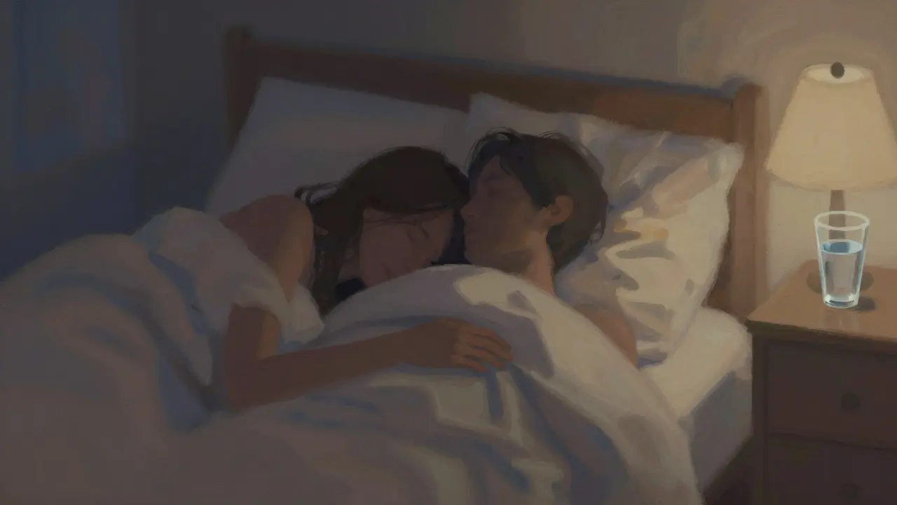 Couple cuddling under blankets in a serene, dim room