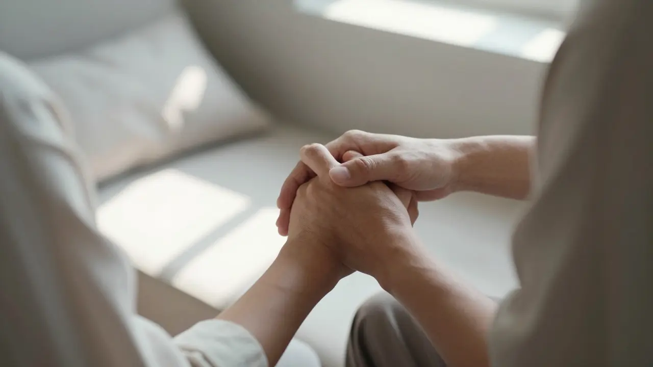 Family member holding loved one's hand for comfort