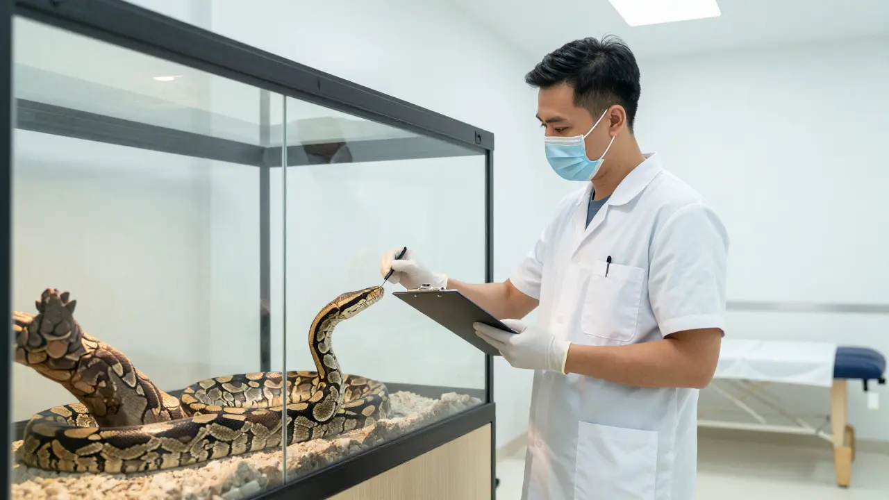 Handler checking a python in a clean enclosure for safety