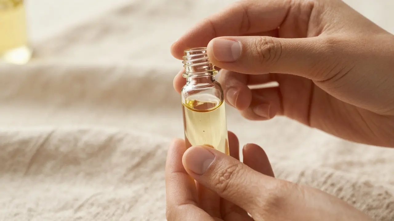Hands holding massage oil bottle on soft linen background