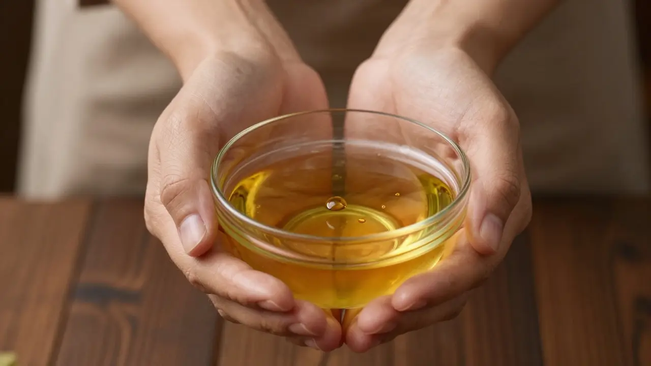 Hands warming massage oil in a glass bowl, close-up
