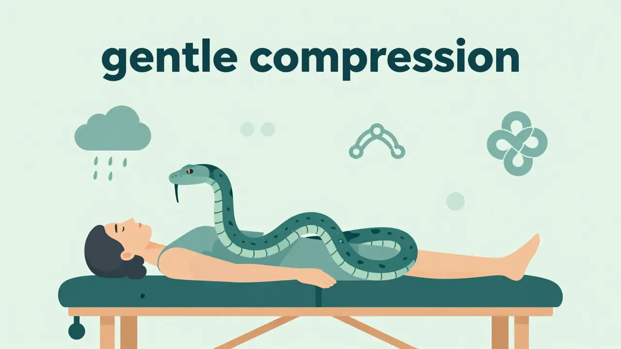 Illustration showing a snake providing gentle pressure on legs