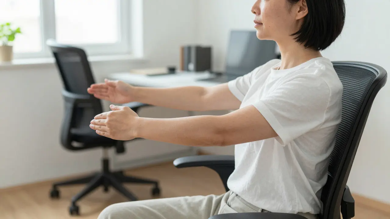Office worker gently swaying in a chair to practice mindful movement
